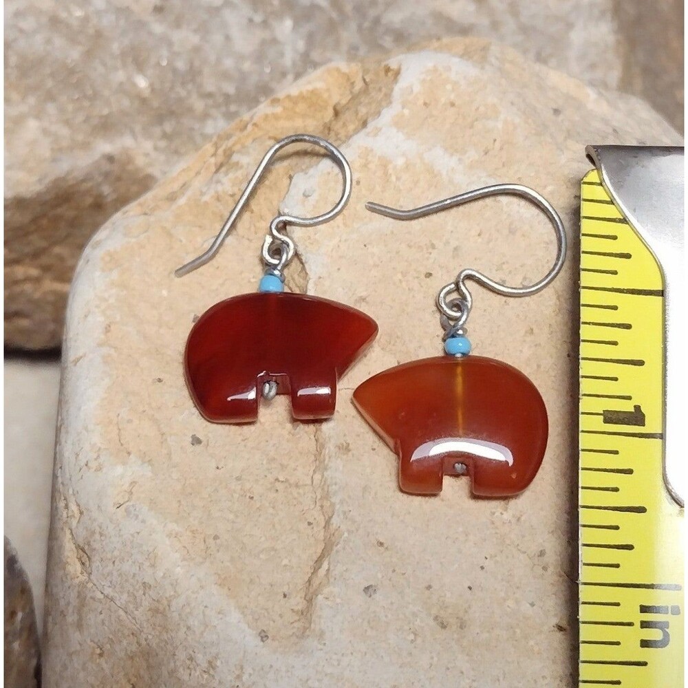 Fetish Bear Carnelian Stone Sterling Silver Dangle Earrings Vintage - Picture 7 of 12